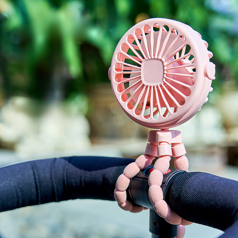 Handheld stroller fan, flexible tripod fan for car seat, crib, stroller, usb rechargeable, mini desk fan with 3 speeds and lights