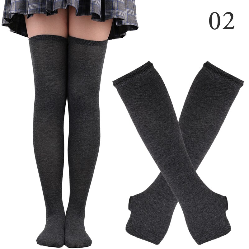 1 Set Vrouwen Meisjes Over De Knie Lange Streep Gedrukt Overknee Katoenen Sokken Arm Mouw Handschoenen Zoete Leuke Plus Size overknee Sokken: 02