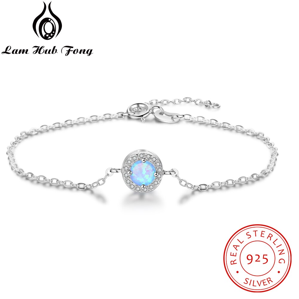 Pulseras redondas de piedra de ópalo azul para mujer, brazaletes de cadena de plata de ley 925 para mujer, joyería fina de circonia cúbica (Lam Hub Fong)