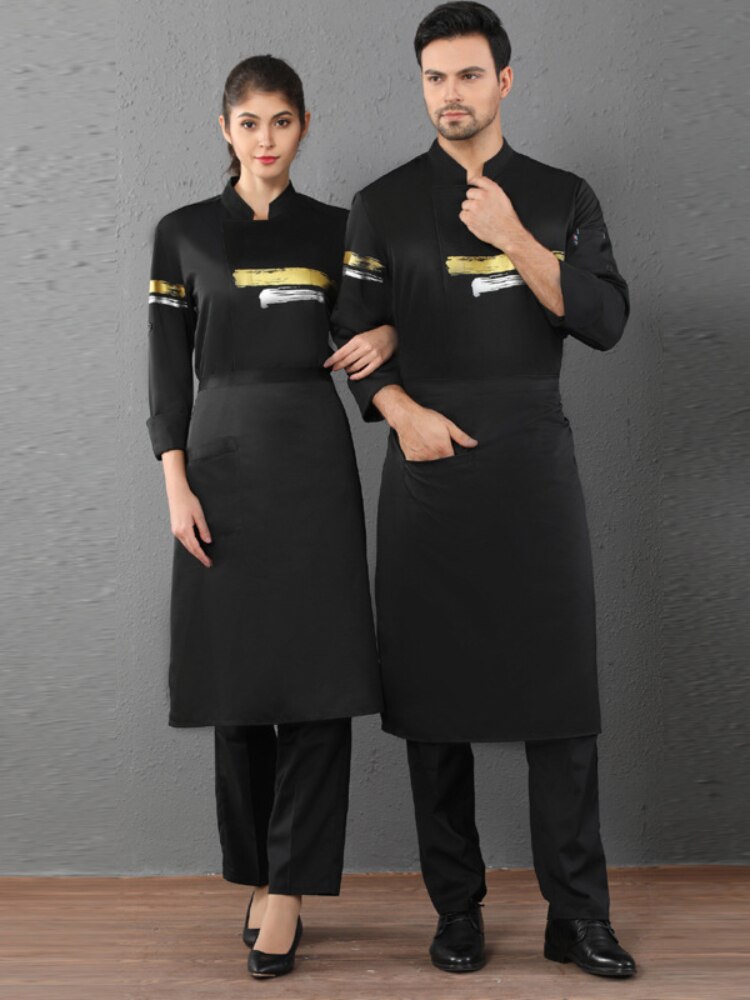 Hotell restaurant kjøkken baker kake kjeledress unisex kokk uniform matservering matlagingsuniform catering klær lange ermede topper: Svart / M