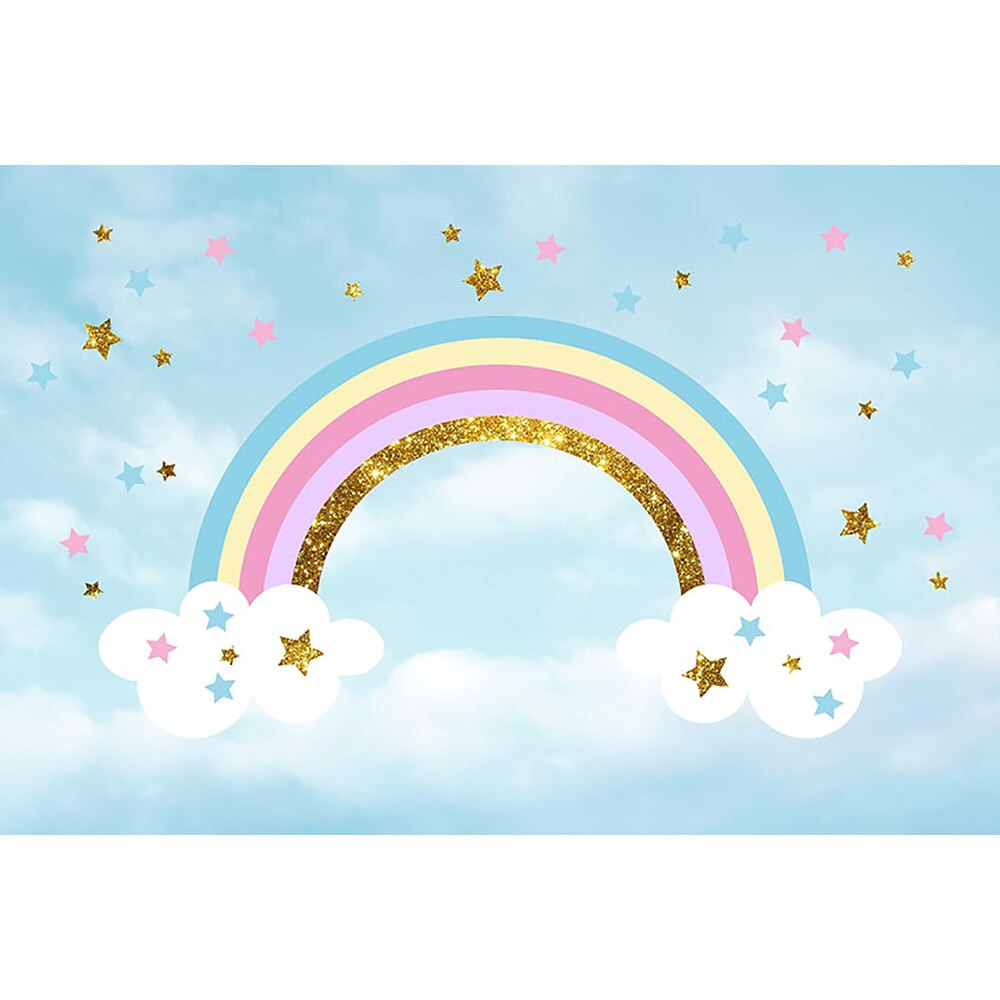 Rainbow Photography Backdrop for Photo Studio Blue Sky Cloud Children Birthday Party Dessert Table Background Rainbow Stars