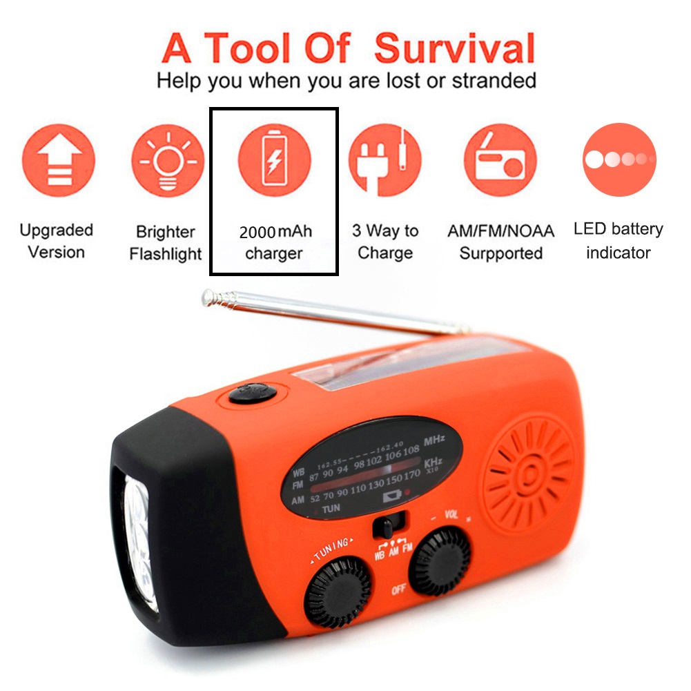 10000mAh Emergency Solar Power Radio Hand Crank Dynamo Wind Up Phone Charger Bank SOS AM/FM/NOAA Pocket Flashlight Radio: WHITE