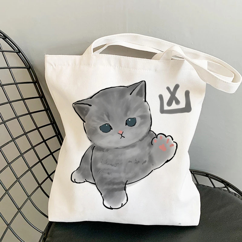 Bolso de mano de Manga con dibujos de gatos Kawaii, bolso de playa, bolsos de compras, bolsos de hombro de lona, bolsos de compras para mujer de alta capacidad: Negro