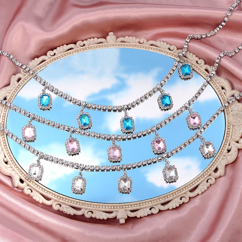 Caraquet-Colgante cuadrado de cristal en 7 colores para mujer, collar de lujo con diamantes de imitación, cadena de tenis, Gargantilla, joyería brillante