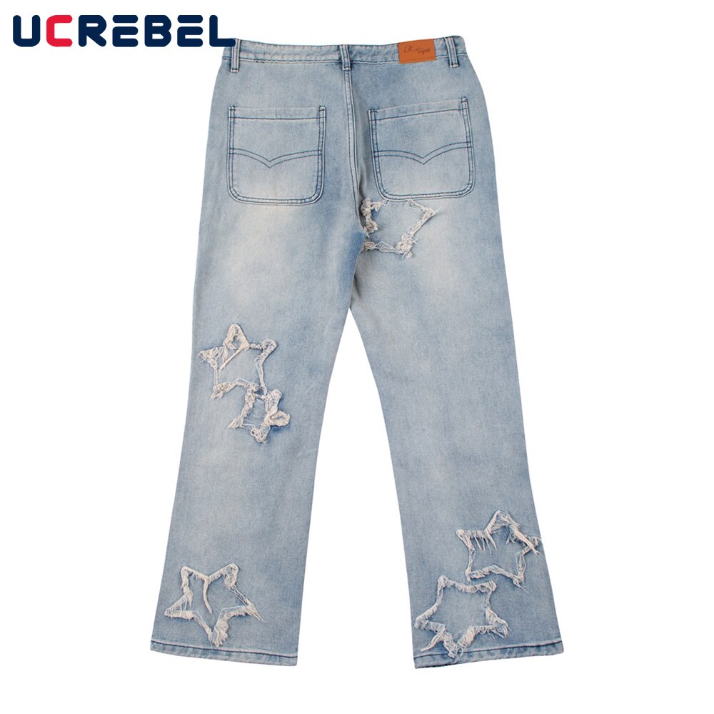 Star Patch Embroidery Denim Pants Mens High Street Flared Pants Streetwear Distressed Loose Casual Jeans Trousers Men