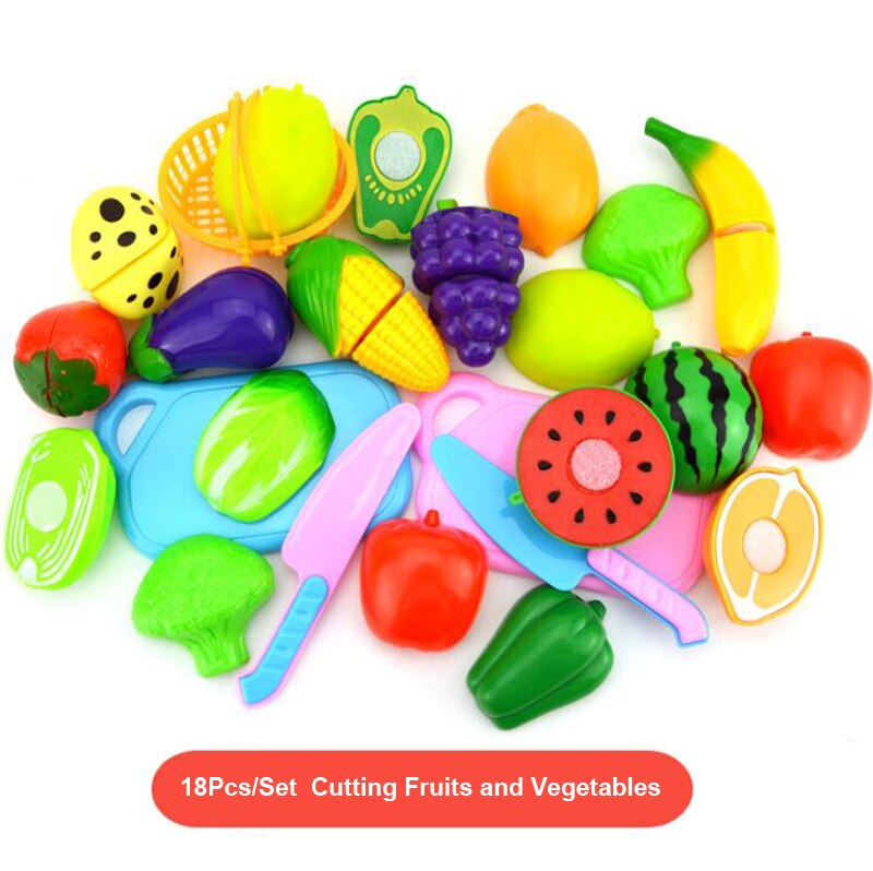 Children Pretend Play Set Plastic Food Toy DIY Cake Toy Cutting Fruit Vegetable Food Pretend Play Toys For Kids Educational: A1801 18Pcs