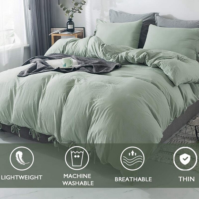 3-- delige gewassen katoenen dekbedovertrek met strik, superzacht dekbedovertrek met strik, beddengoedset