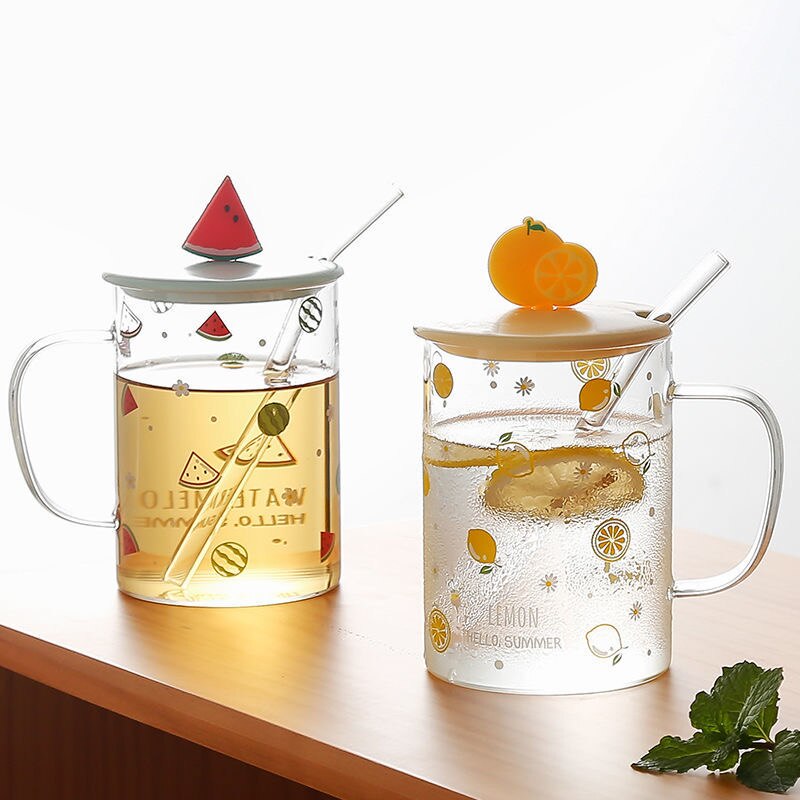 500ml glas vattenkopp mugg kontor kaffekopp hem vinglas söt frukt tryck silikon kopp lock #39 kopp porslin