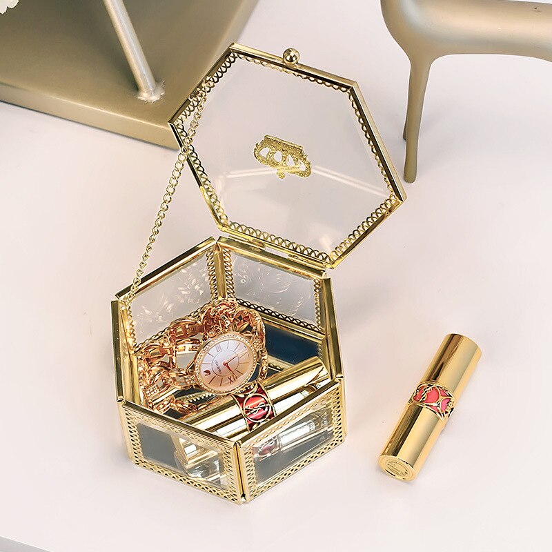 Nordic Gold Grid Glass Storage Box Luxury Modern Cosmetics Jewelry Storage Box Container Desktop Bathroom Storage