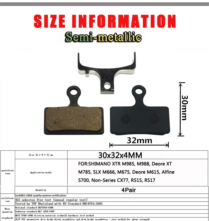 4 par e-cykel cykel skive bremseklodser til shimano xt/r  m985 m988 deore  m785 slx  m666 m675 m615 r515 semi - metallisk tilbehør