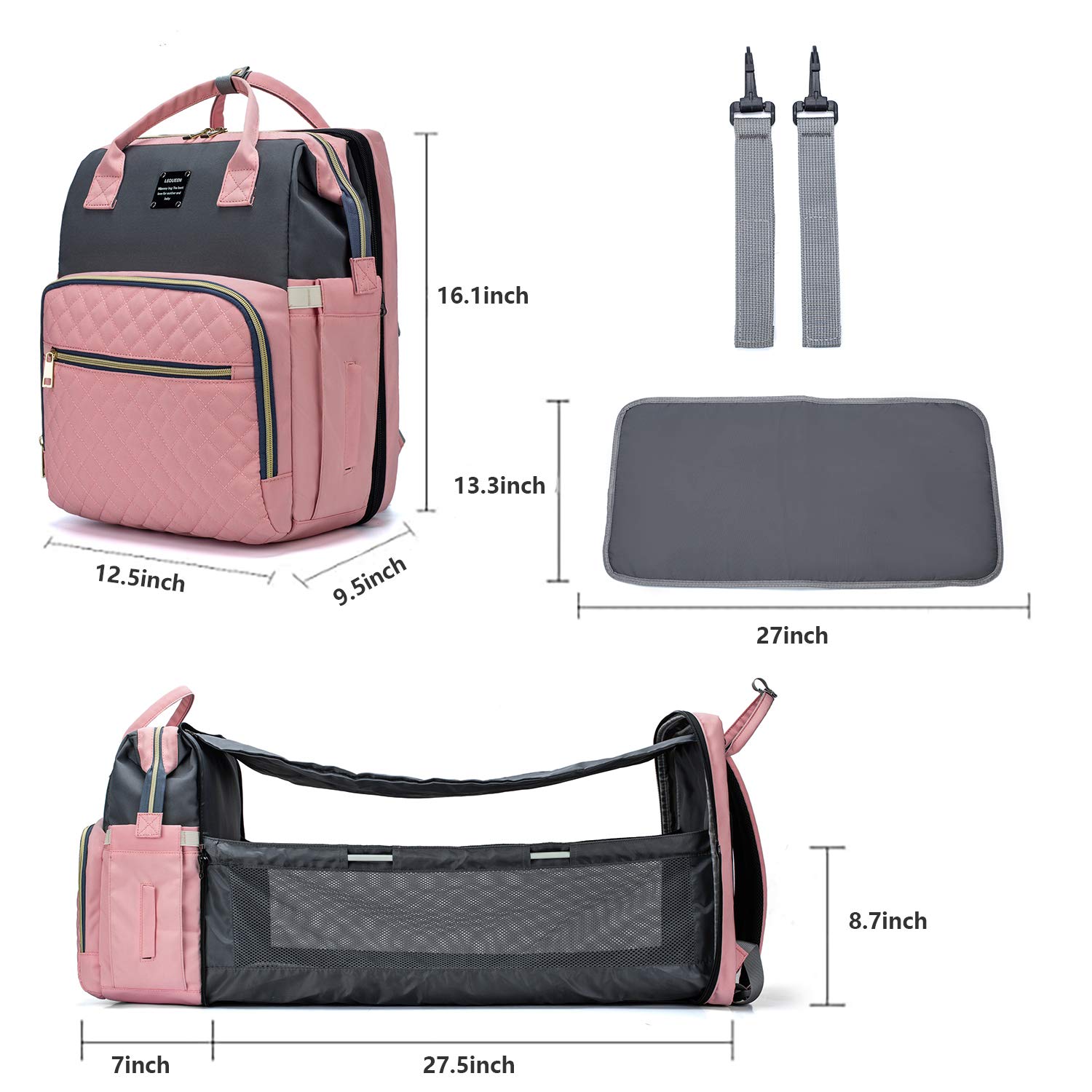 3 in 1 Windel Rucksack mit Ändern Bahnhof Stubenwagen Kinderwagen Riemen Thermische Taschen Tragbare Baby Tasche mit USB Ladung Hafen: Rosa