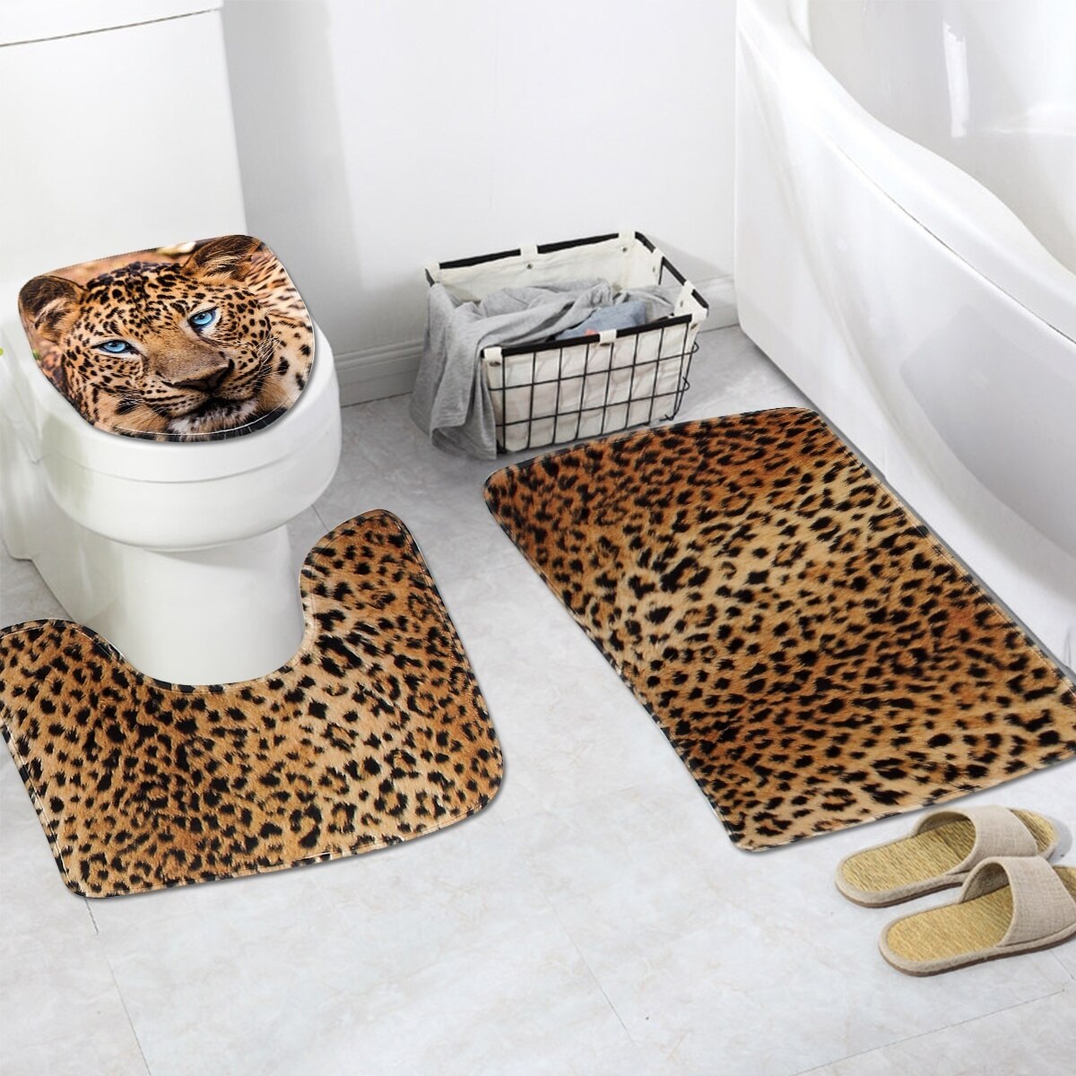 3 delar set leopardtryckt halkfritt badrum toalett piedestal matta golvmatta toalett lock lock vattentät golvmatta badrumsinredning: 500 mmx 800mm