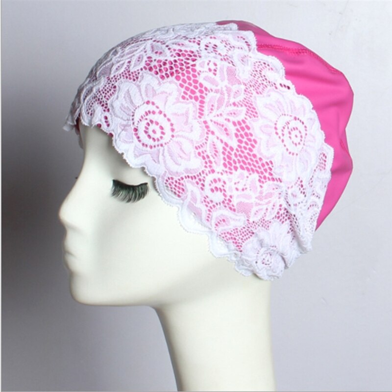 Badmuts voor dames, badmuts met kant, bloemen, waterdichte pu-coating, badmutsen voor zwembaden, beschermen lang haar en oren voor vrouwen