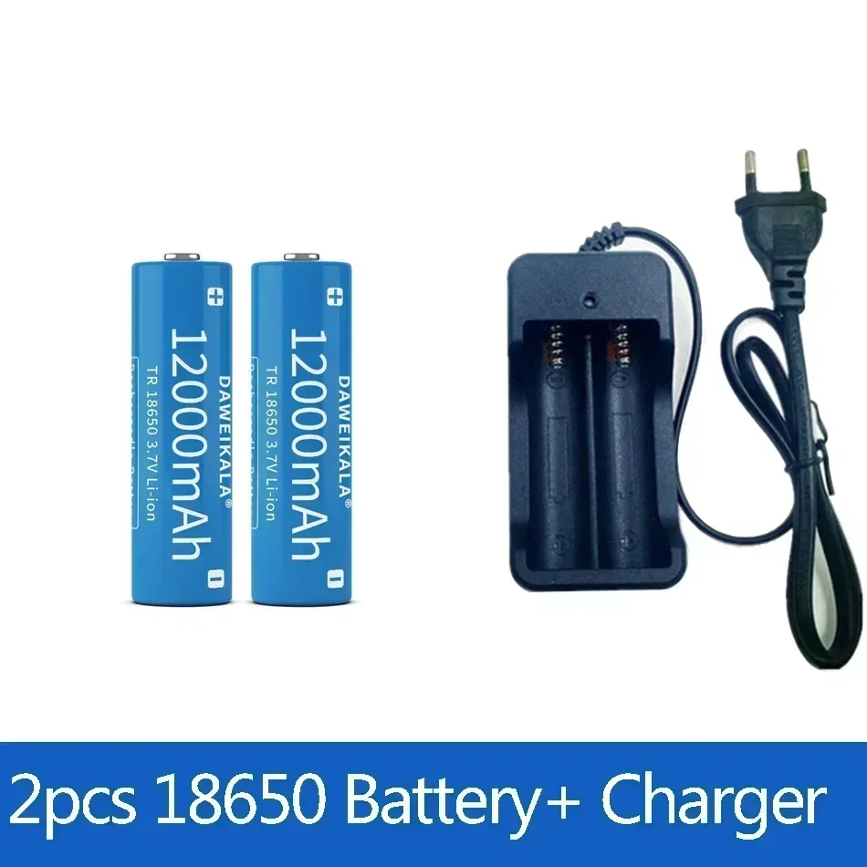 3,7 V, 18650, 12000mAh capacidad, batería recargable iones litio para linterna, batería antorcha + cargador: black