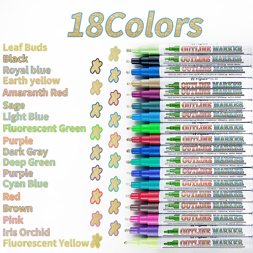 Dubbele Lijn Overzicht Pennen, 12/18 Kleuren Self-Outline Metallic Markers Glitter Outline Pennen Schrijven Tekening Pennen Doodle Verblinden Pen