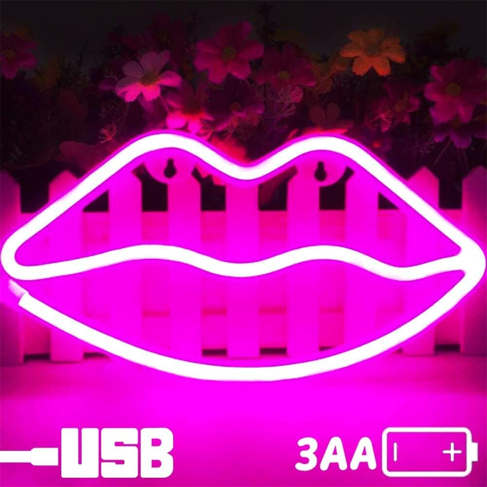Rød leppe neonlys ledet lepper lys neon vegglampe batteri eller usb operert rosa leppe neon lys opp til festbordbord låve: Rosa