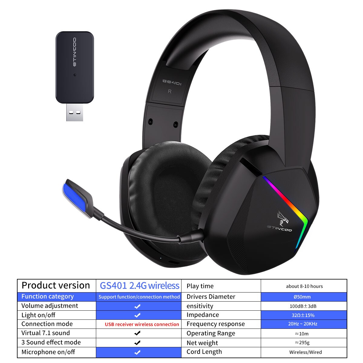 SOMIC Gaming Headset Game/Video/Live 3 Modes LED Headphones 7.1 Surround Sound Wireless/Wired for PC, Mac, Phone, Tablet GS401