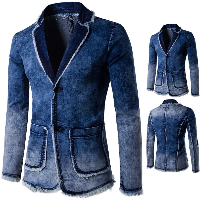 Men's Spring Autumn Simple Solid Color Wash Pocket Casual Slim Denim Jacket Double Button Casual Suit: EU size  XXL