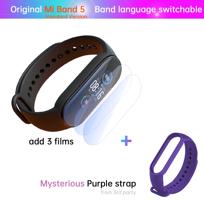 Xiaomi-Pulsera Mi Band 5 de fitness, reloj con monitor deportivo del ritmo cardíaco las 24 horas, carga magnética, sueño REM, siesta, pasos, natación, alarma de recordatorio,: STD n film purple