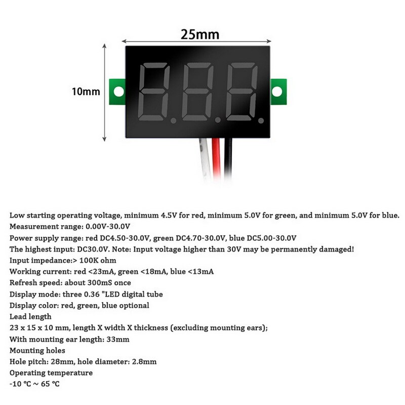 Three-wire 0-100V DC Digital Voltmeter, Voltmeter With Reverse Polarity Protection, Measurement Voltmeter