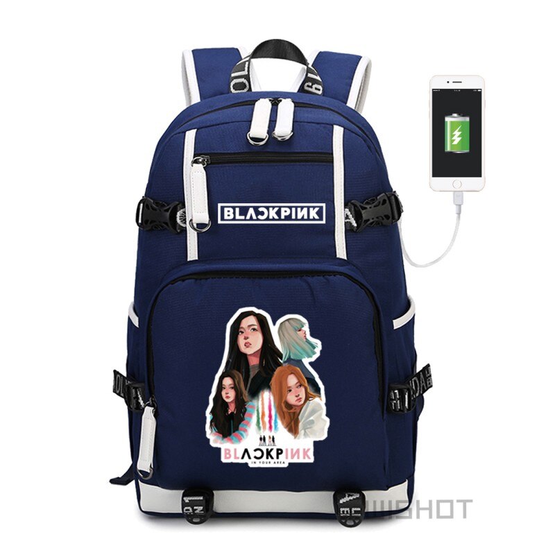 WISHOT KPOP, mochila coreana Blackpink Jennie Lis, mochila de hombro, bolsa de viaje para la escuela para adolescentes, bolsas casuales de carga USB para ordenador portátil: blue5