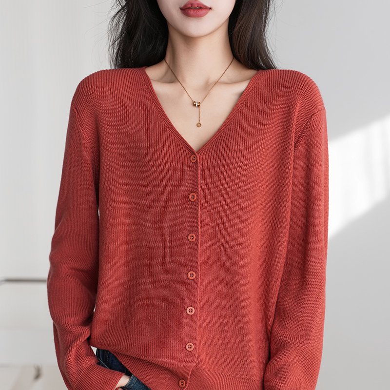 Spring/Autumn 100% Cotton Women's Sweater Casual V-neck Knitted Cardigan Ethnic Style Korean Edition Large Jacket Ttops: XXL / Red