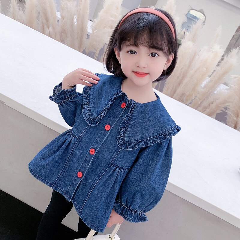 Primavera autunno bambini giacca Casual Top ragazze colletto per bambole Jean cappotti bambine Denim capispalla Costume per bambini 1-6Y
