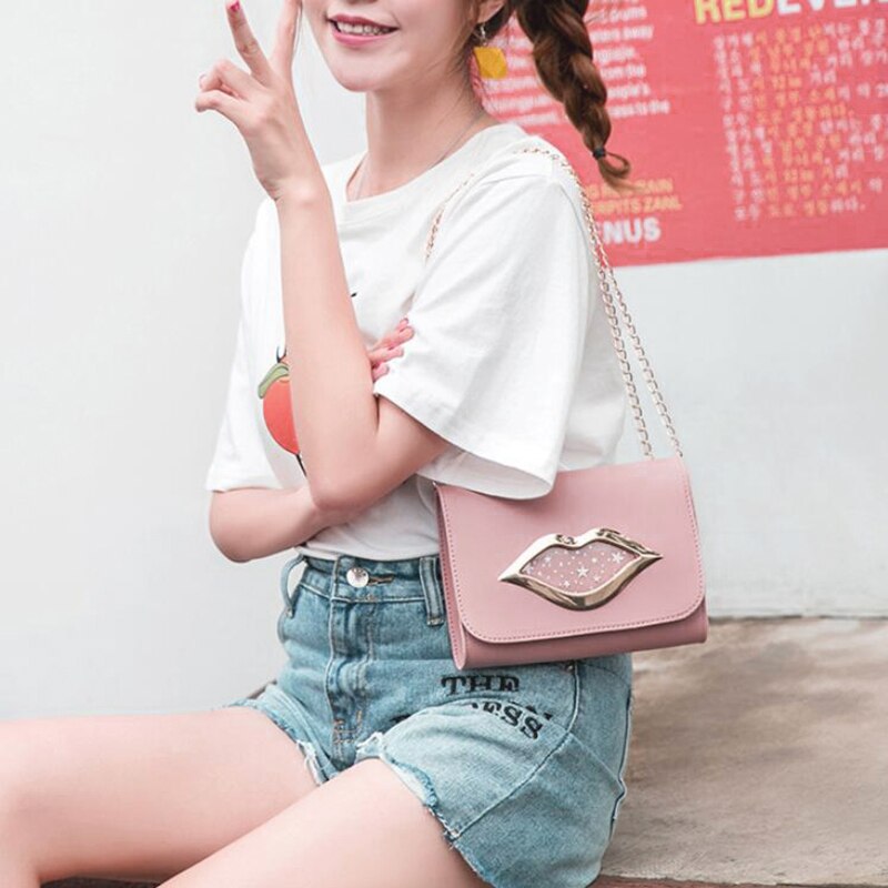 Stora läppar kvinnor axelväska glänsande stjärnor läderbyte handväska kvinnliga crossbody messenger kedjeväskor dam kvinnor väska