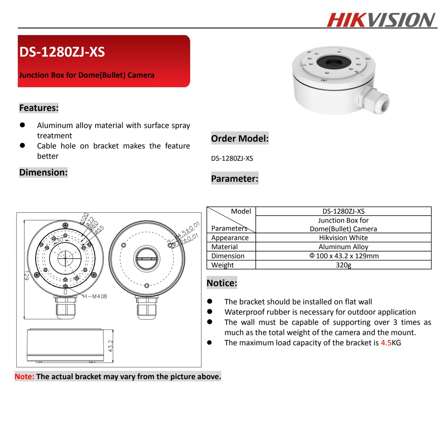 Hikvision ds -1280zj- xs forbindelsesboks til ds -2 cd 2043 g 0- i / ds -2 cd 2063 g 0- i / ds -2 cd 2083 g 0- i / ds -2 cd 2085 fwd-i / ds -2 cd 2085 g 1- i