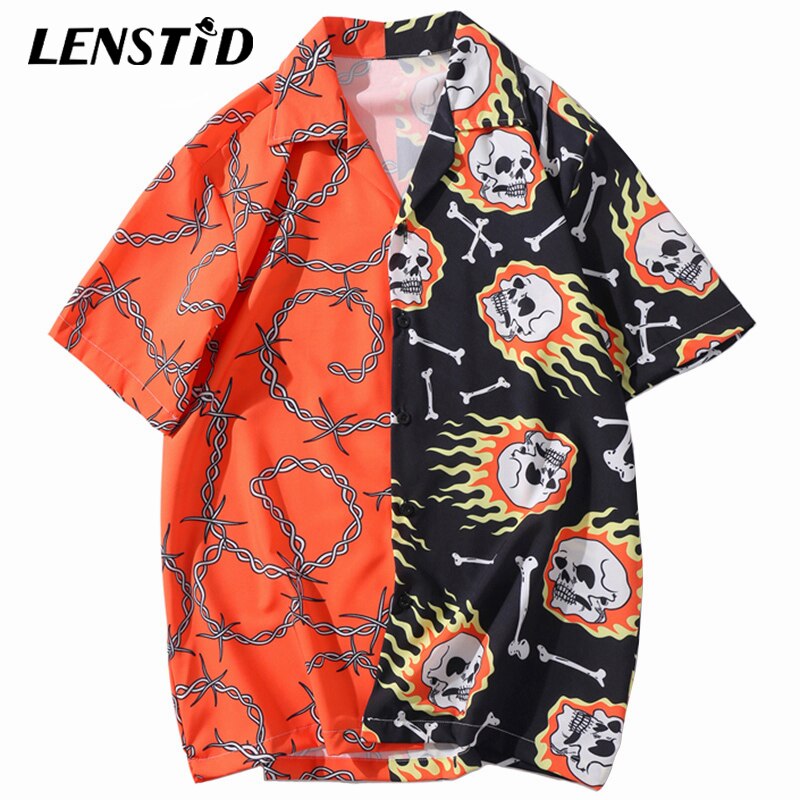 LENSTID Hip Hop Fire Skull Chain Print Shirt Streetwear Harajuku Men Hawaiian Beach Shirt HipHop Summer Short Sleeve Shirts