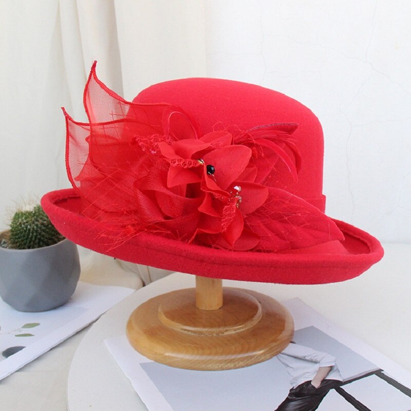 Sombrero de lana con flores para mujer, gorro cálido de ala ancha, , para , decoración, otoño e invierno,: A1