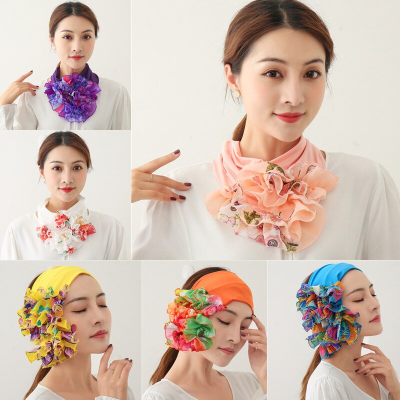 women Floral Neck Ring Scarf Chiffon Collar Tie Muslim Hijab Hat Indian Turban Lady Office Neckerchief Skinny Hair Scarves soild
