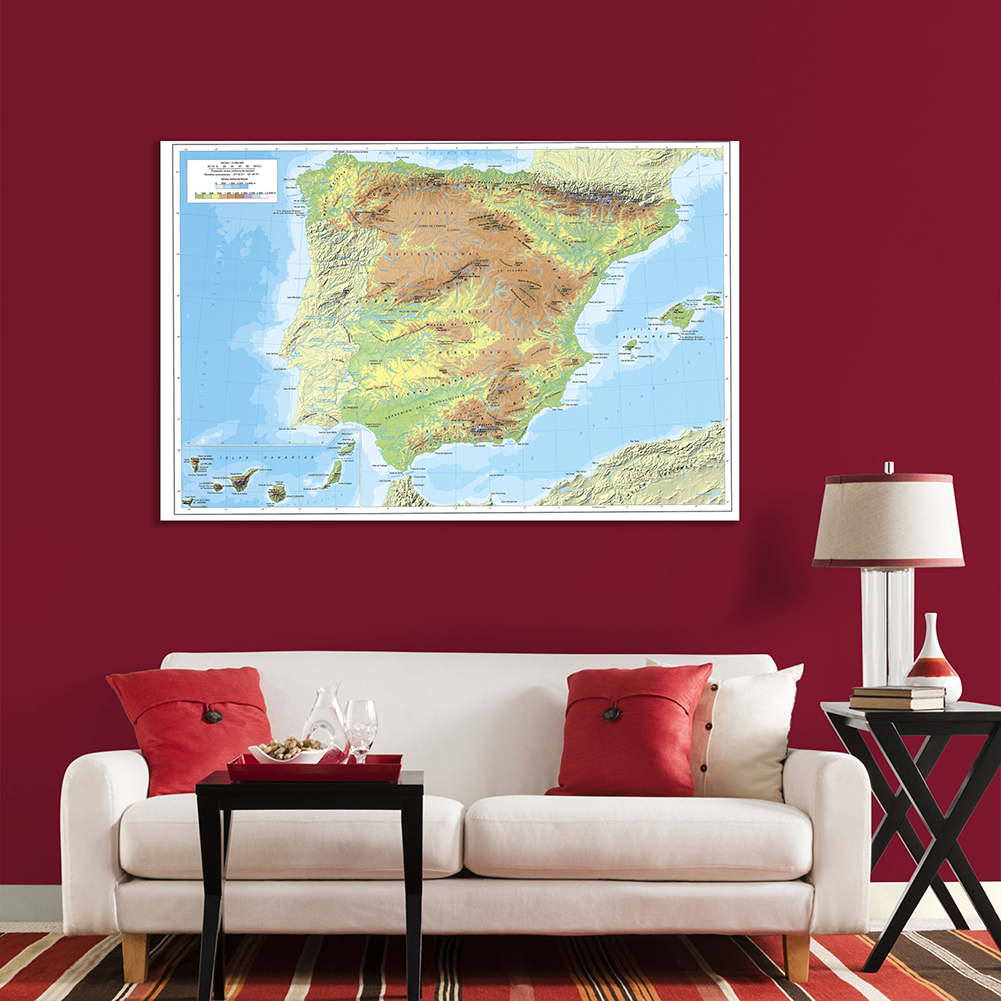 150*100 cm Map of The Spain Topographic (In Spanish) Non-woven Canvas Painting Wall Art Poster School Supplies Home Decoration