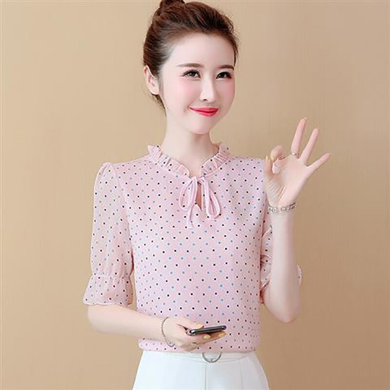 Kvinder forår sommer stil chiffon bluser skjorter dame casual korte lanterne ærmer prikkede print blusas toppe  dd8822
