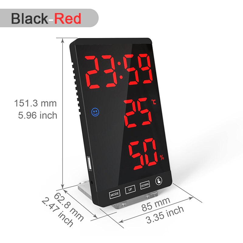 Reloj despertador Digital, estación meteorológica con termómetro, higrómetro de humedad, pantalla de espejo para mesita de noche: Black-Red