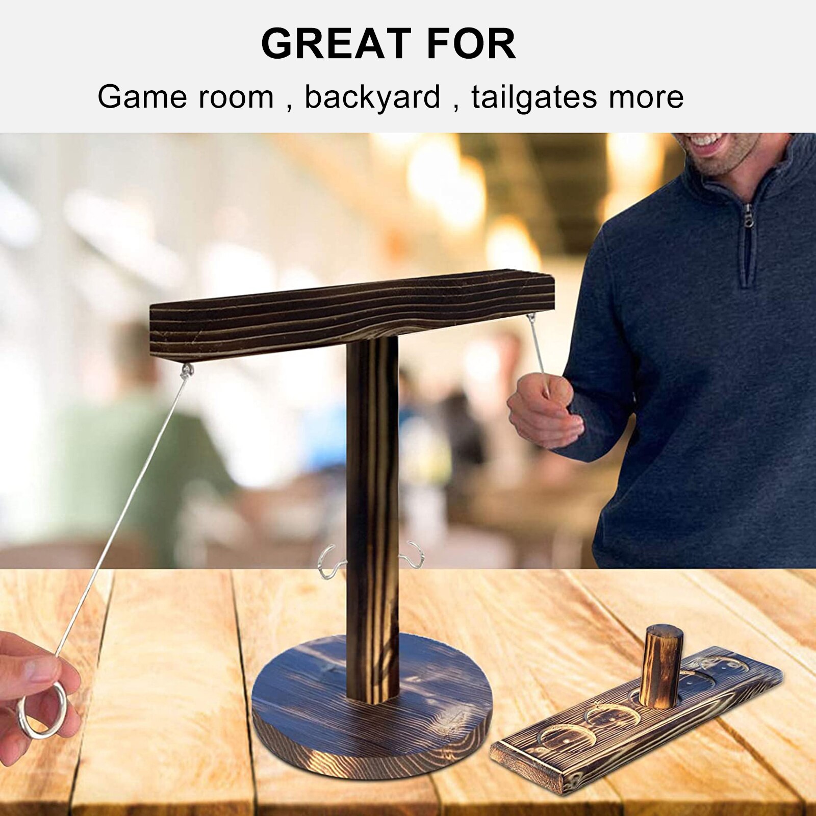 Hook and Ring Game, Wooden Ring Toss Interactive Game for Home Bar, Play Platoon Hook and Ring Toss Battle Game with Scoreboard