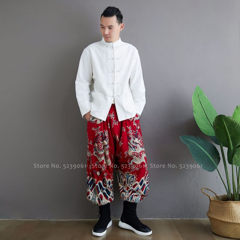 Hanfu-traje chino tradicional Tang para hombre, pantalones de dibujo de dragón de pierna ancha, pantalones holgados informales de algodón coreano, Kimono de estilo japonés
