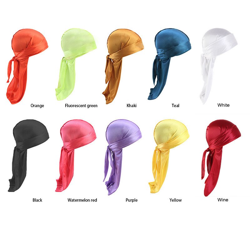Satijnen zijdeachtige durags haarmutsen vrouwen pruiken tulband mannen effen kleur hiphop pet lange staart hoofddoek haarstylingtool wrap