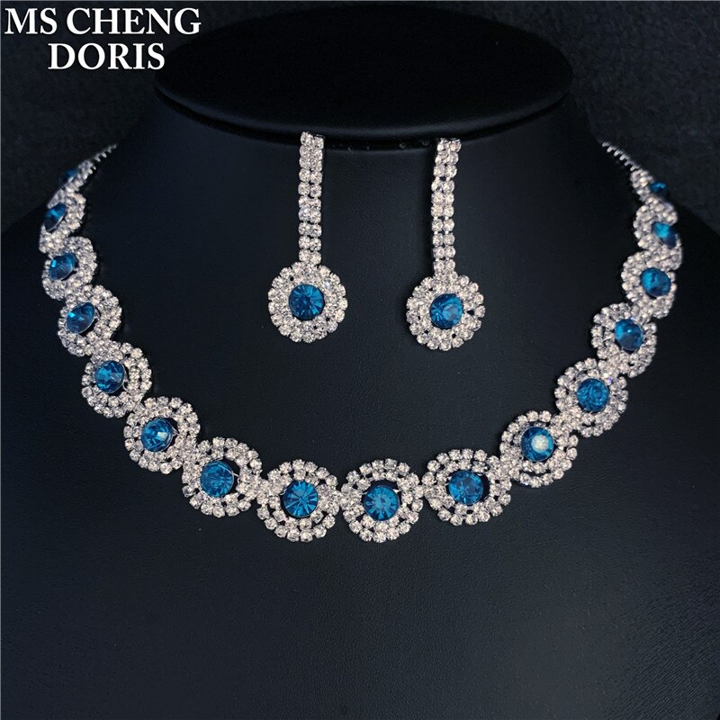 Luxury Royal Blue Crystal Bridal Jewelry Sets Rhinestone Statement Choker Necklace Earrings Women Wedding Jewelry Sets: 13