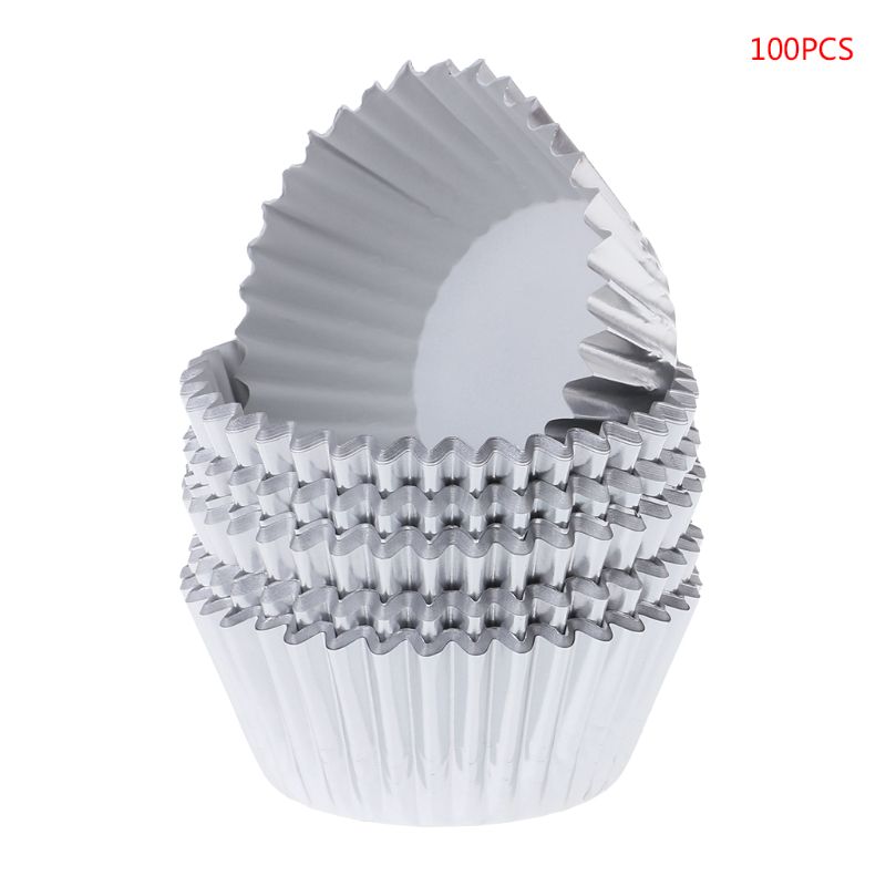 100PCS Paper Cupcake Cup Aluminium Foil Muffin Baking Cups Liners Cupcakes Case: silver