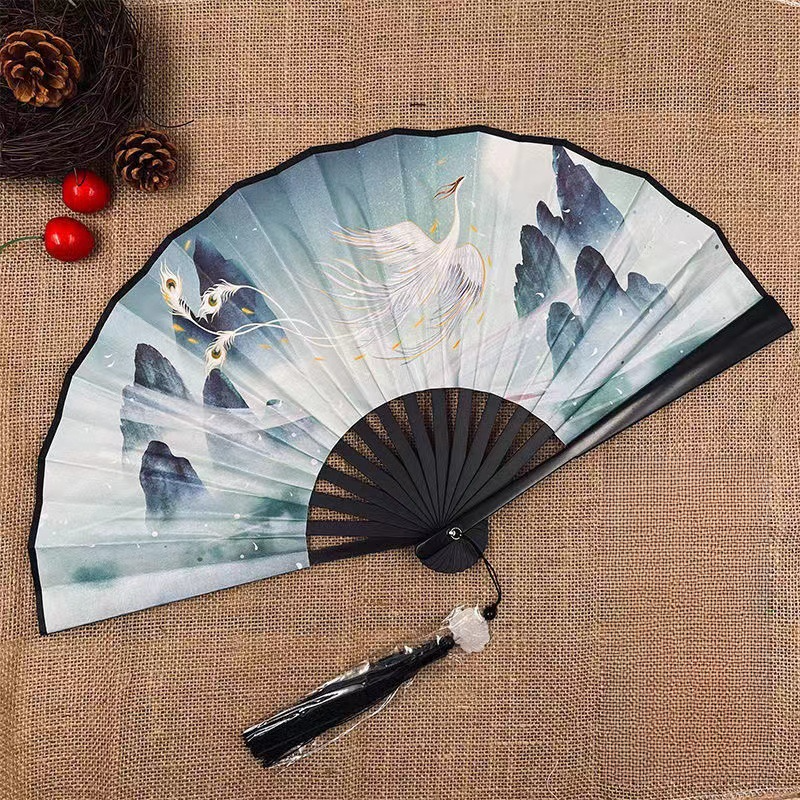 Éventail pliant de style chinois, tissu de danse classique, impression de dragon animal en plastique vintage, ventilateurs à main, accessoires photo, cosplay: GRIS FONCÉ