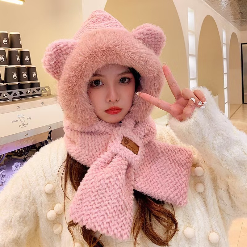 Lovely Beanie Hat Scarf Set Women Faux Fur Warm Winter Hat Children Parent Neck Circle Scarf Ski Snow Hat Cap Skullies Beanies: Blue
