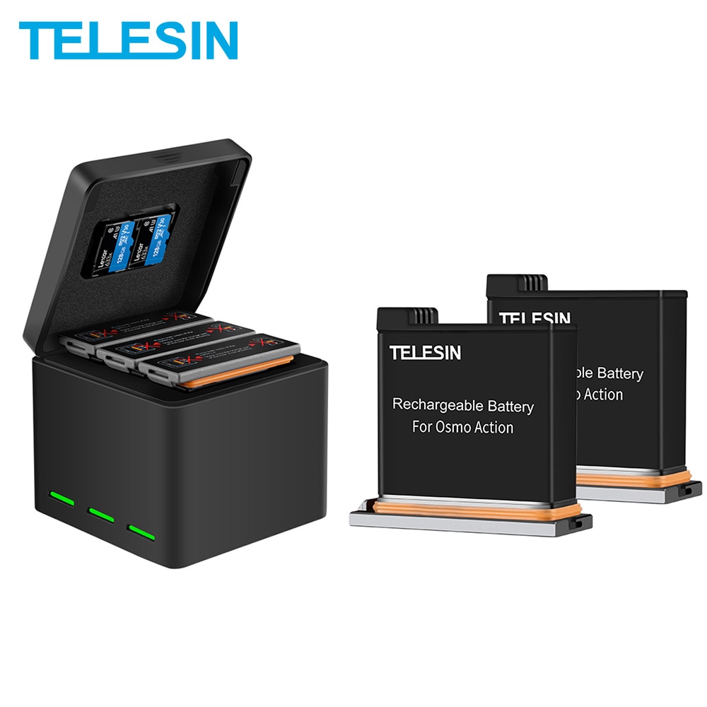 TELESIN-Paquete de 3 baterías + 3 ranuras para cargador de batería, 2 tarjetas TF, caja de almacenamiento para DJI Osmo, accesorios de Cámara de Acción