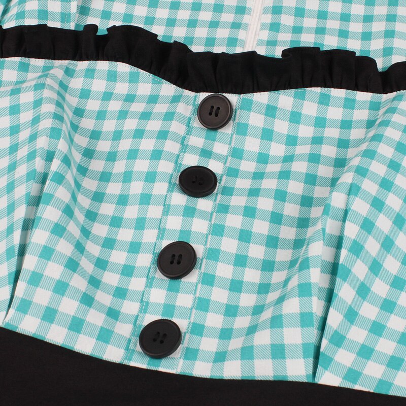 Tonval turquesa Gingham volante escote corazón Vintage vestido mujeres botones manga corta Rockabilly Plaid Midi vestidos