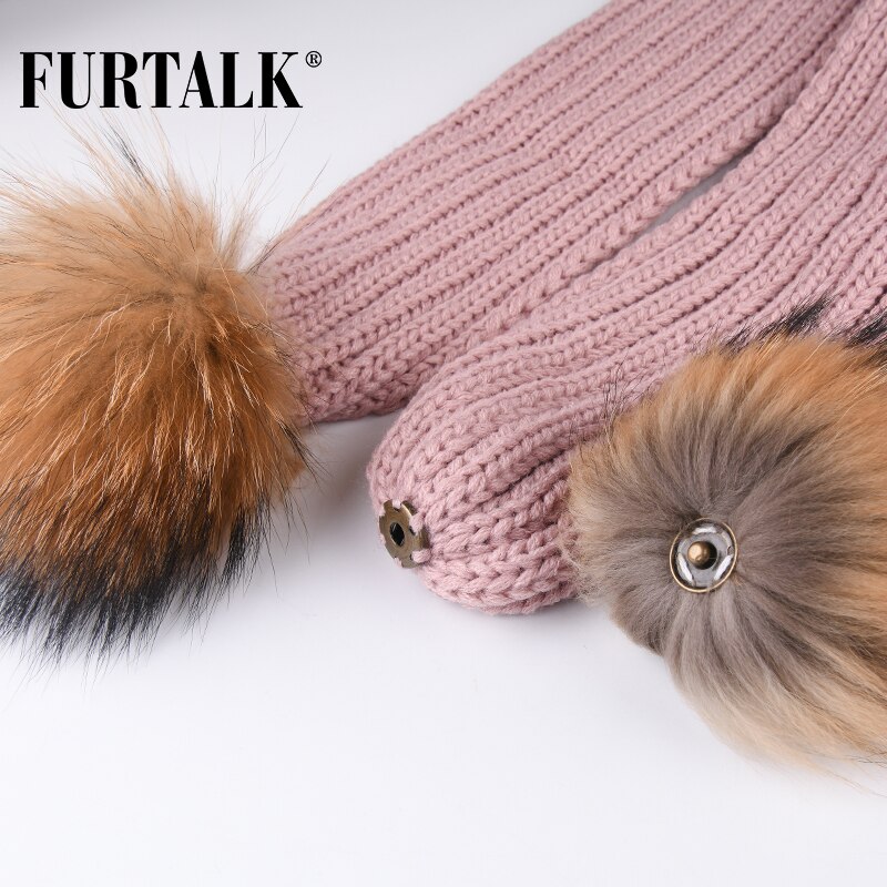 FURTALK – écharpe tricotée à pompon en vraie fourrure pour enfants, pour filles et garçons, CH021