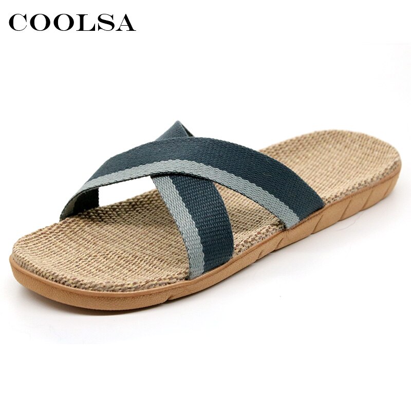 Coolsa sommer mænd hør flip flop lærred skridsikre flade rutschebaner indendørs hjemmesko mand strandsandaler afslappet halmsko: Grå / 7.5
