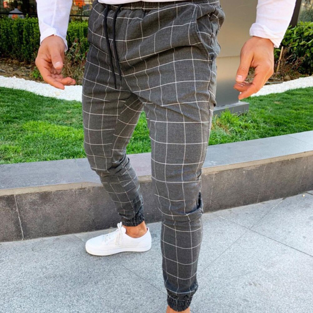 Men Plaid Print Drawstring Elastic Casual Slim Fits Pencil Pants Trousers
