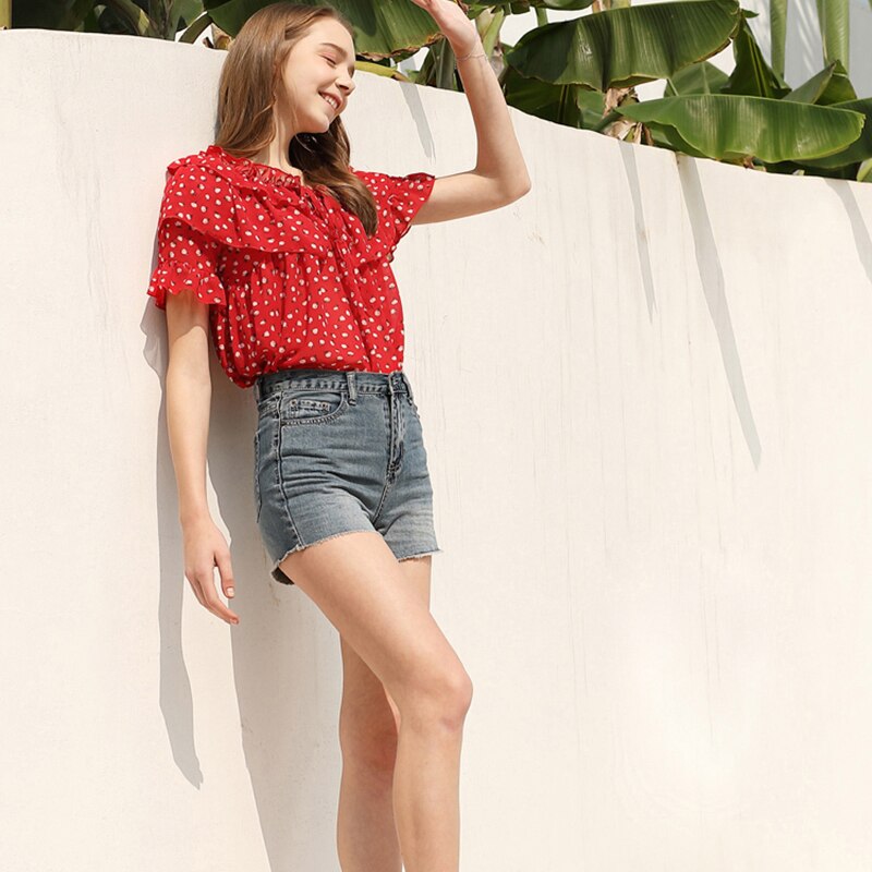 Garemay sommerbluser til kvinder chiffon flæsebluse med rød koreansk bluse korte ærmer casual toppe
