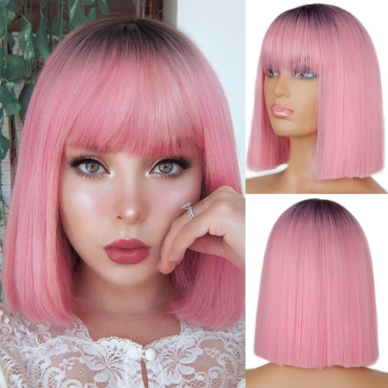 Linghang Short Bob Wig With Bangs for Women Synthetic Bob Wigs Black Pink Purple Wig for Party Daily Use Shoulder Length: 1B/30HL