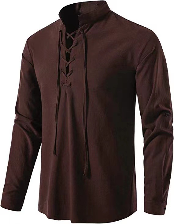 Men's Casual Blouse Cotton Linen Shirt Tops Long Sleeve Tee Shirt Spring Autumn Slanted Placket Vintage Yoga Shirts: XXXL / Brown